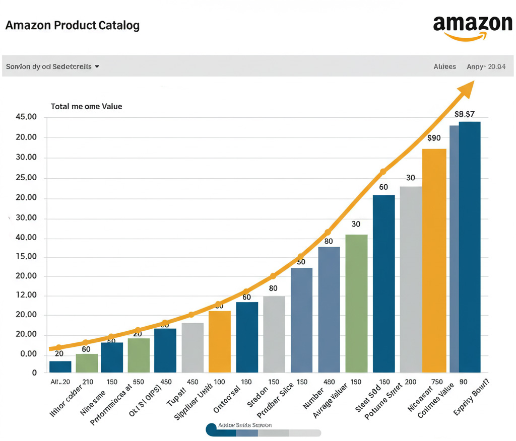 Catalog analysis and optimization of existing products on Amazon, with a bar chart of increasing sales